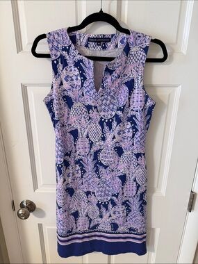 Barbara Erickson Pineapple Print Shift
Dress Navy Purple XS Resort Beachy Vacay